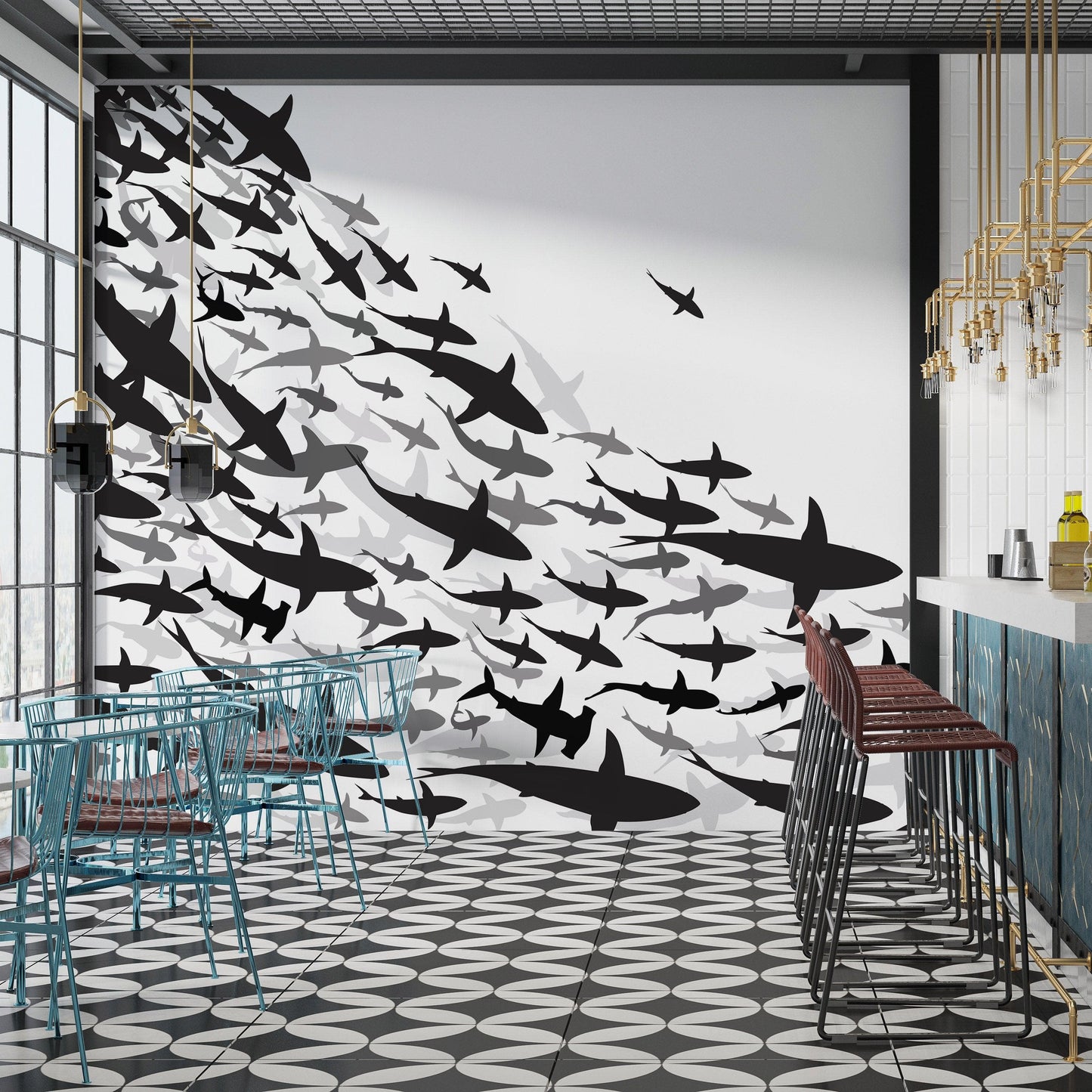 Shark Frenzy Underwater Wall Mural. Peel and Stick Wallpaper. Black and White Shark Silhouettes  #6347