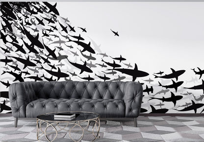 Shark Frenzy Underwater Wall Mural. Peel and Stick Wallpaper. Black and White Shark Silhouettes  #6347