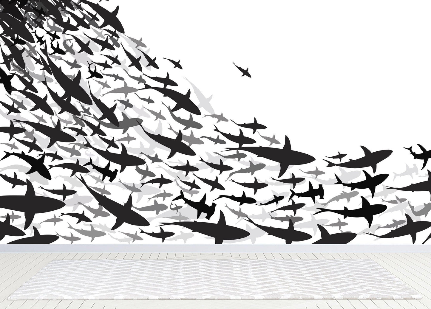 Shark Frenzy Underwater Wall Mural. Peel and Stick Wallpaper. Black and White Shark Silhouettes  #6347