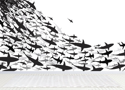 Shark Frenzy Underwater Wall Mural. Peel and Stick Wallpaper. Black and White Shark Silhouettes  #6347
