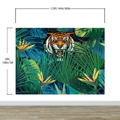 Hidden Tiger Behind Jungle Leaves Wall Mural. Peel and Stick Wallpaper. Safari Wildlife Illustration. #6351