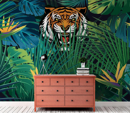 Hidden Tiger Behind Jungle Leaves Wall Mural. Peel and Stick Wallpaper. Safari Wildlife Illustration. #6351