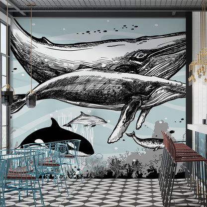 Whale, Dolphin, Killer Whale Wall Mural. Underwater Sea Life Drawing Design. Peel and Stick Wall Mural. #6354