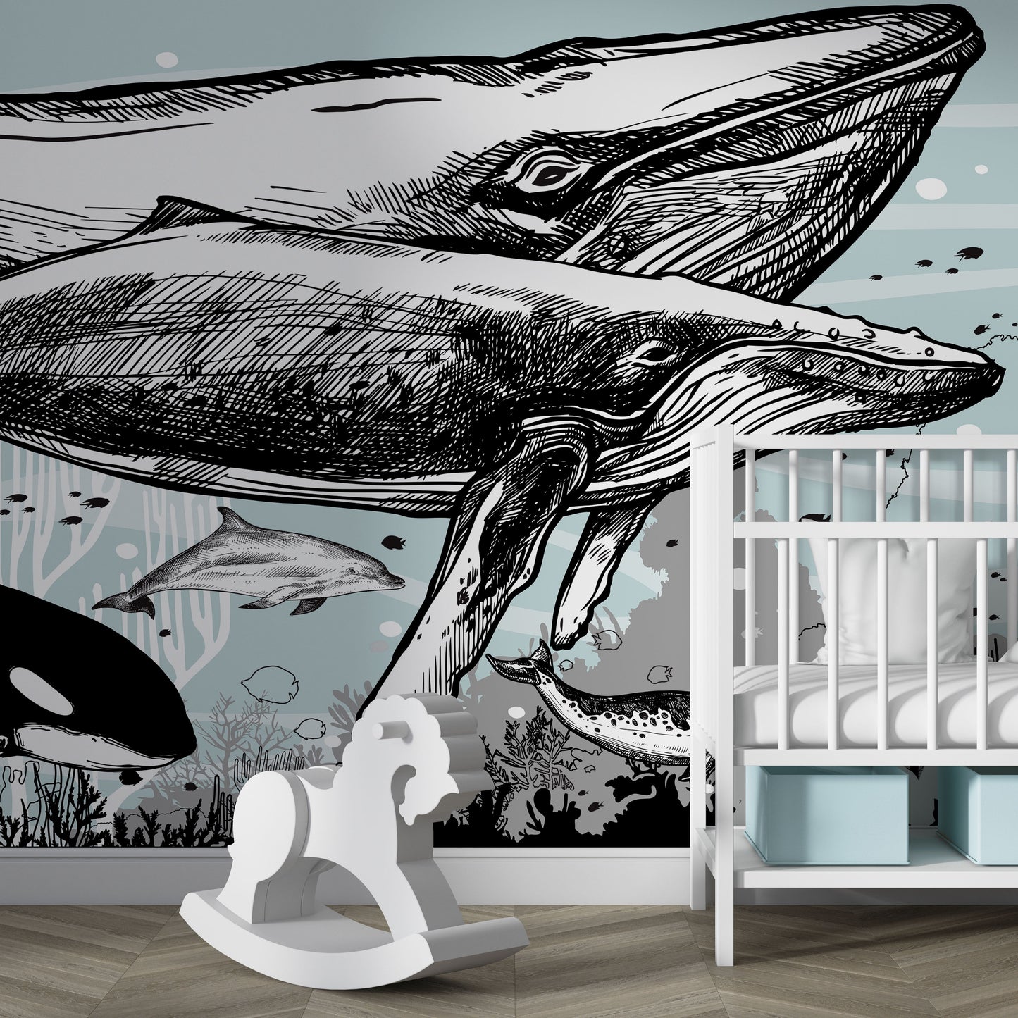 Whale, Dolphin, Killer Whale Wall Mural. Underwater Sea Life Drawing Design. Peel and Stick Wall Mural. #6354