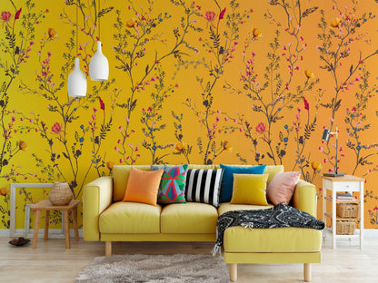 Botanical Flower Garden With Yellow Orange Background Wall Mural. Blossom Flower Decor. #6355