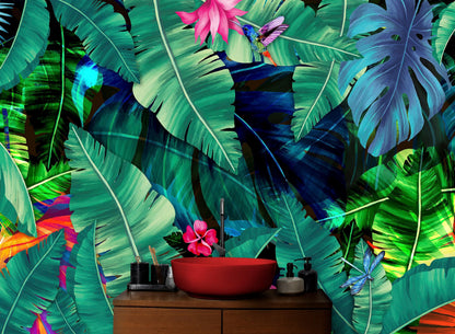Rainforest Jungle Tropical Wallpaper. Green Flowers and Palm Tree Leaves Design. #6357