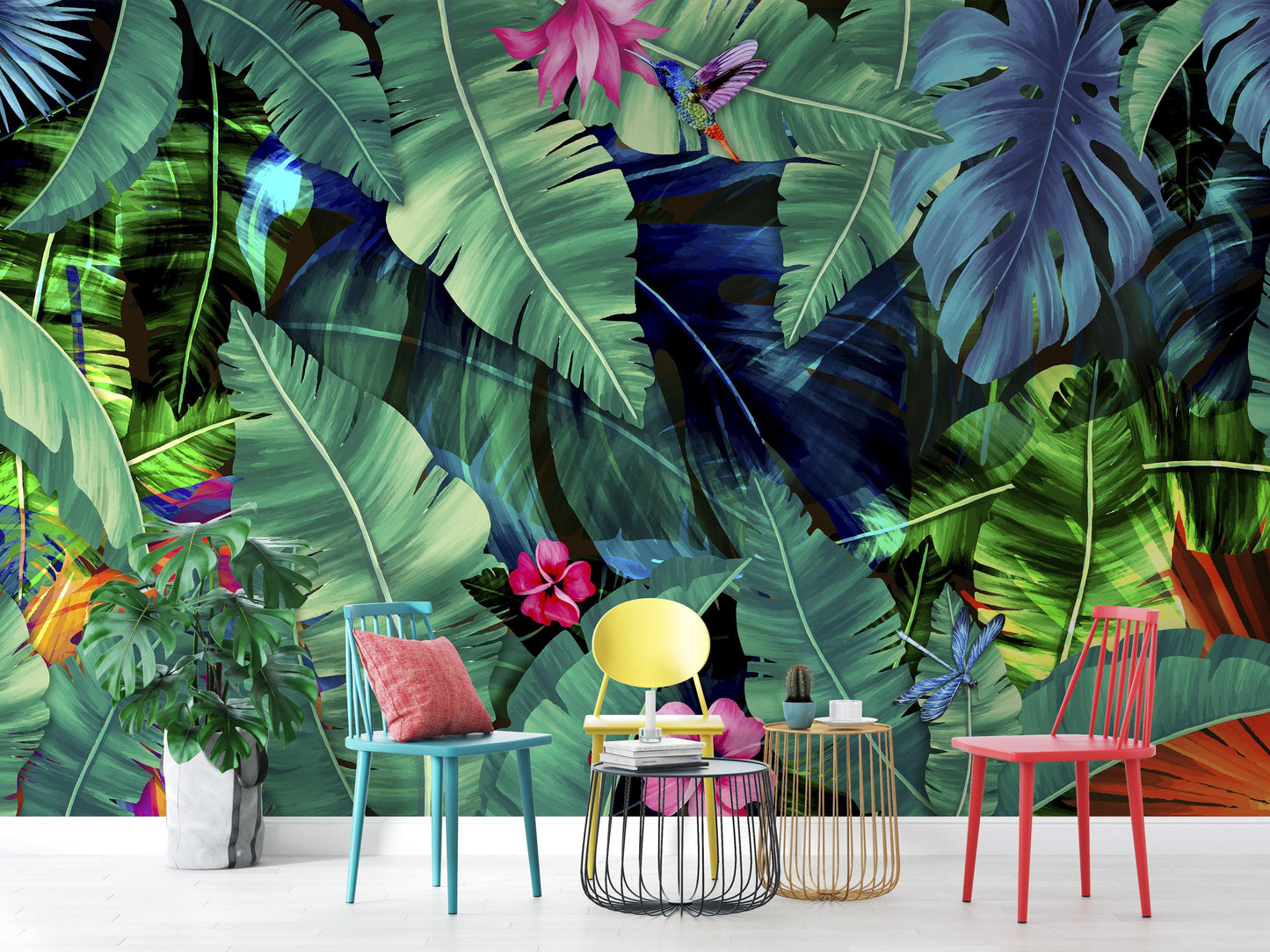 Rainforest Jungle Tropical Wallpaper. Green Flowers and Palm Tree Leaves Design. #6357