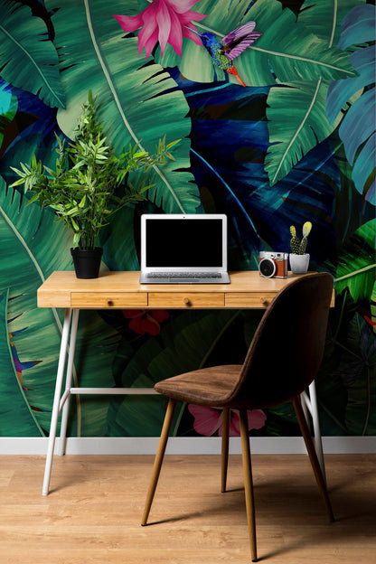 Rainforest Jungle Tropical Wallpaper. Green Flowers and Palm Tree Leaves Design. #6357
