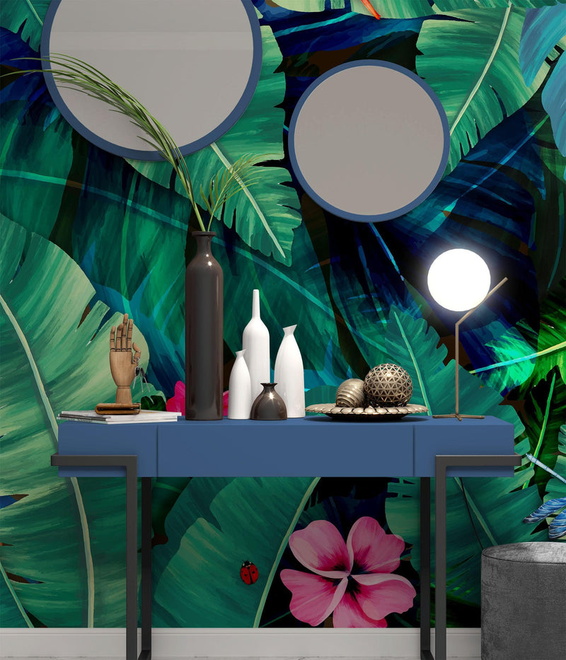 Rainforest Jungle Tropical Wallpaper. Green Flowers and Palm Tree Leaves Design. #6357, view 2