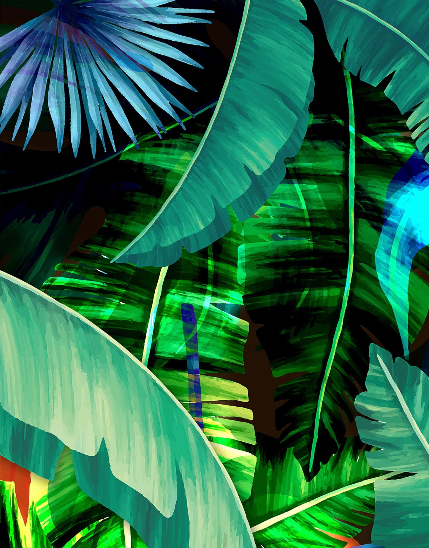 Rainforest Jungle Tropical Wallpaper. Green Flowers and Palm Tree Leaves Design. #6357