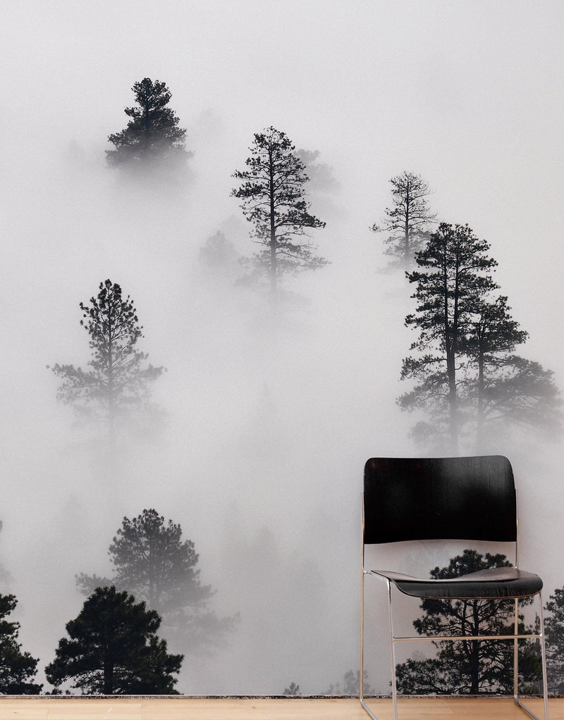 Foggy Forest Wallpaper Black and White Wall Mural. #6368, view 2
