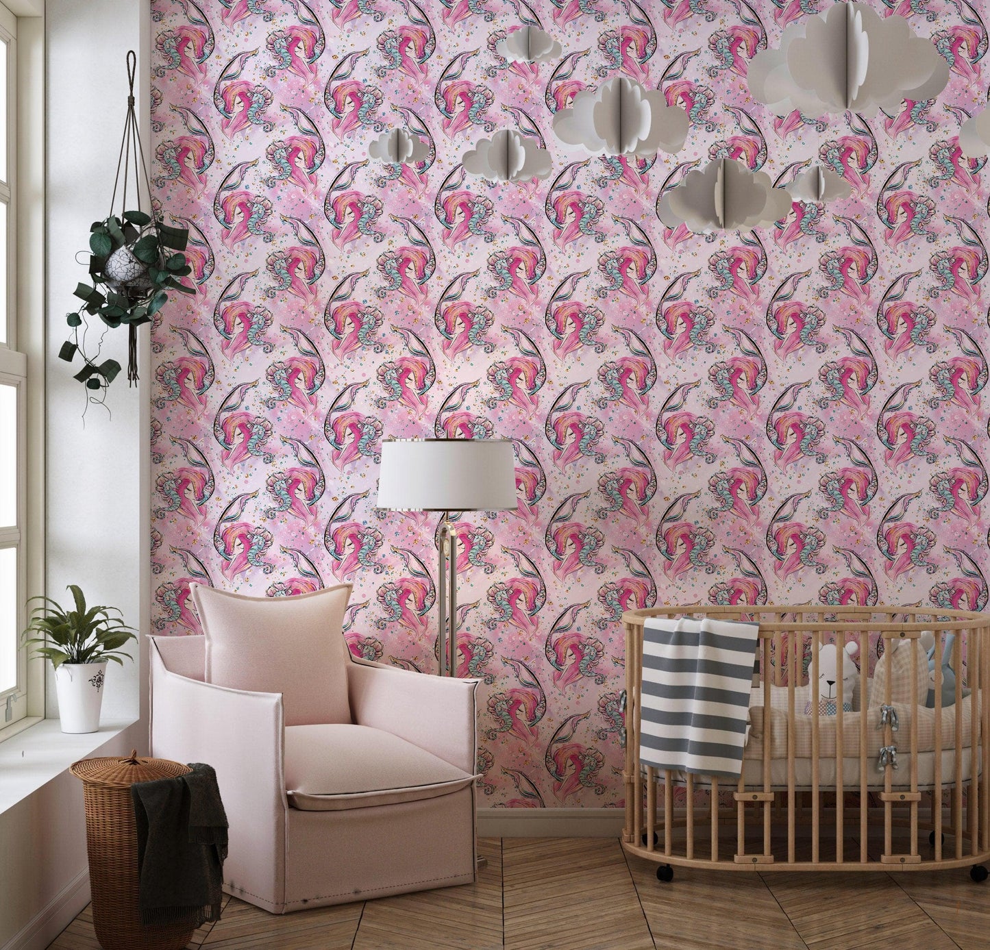 Pink Mermaid Wall Mural. Magical Cute Mermaid and Seahorse in Ocean Peel and Stick Wallpaper. #6371