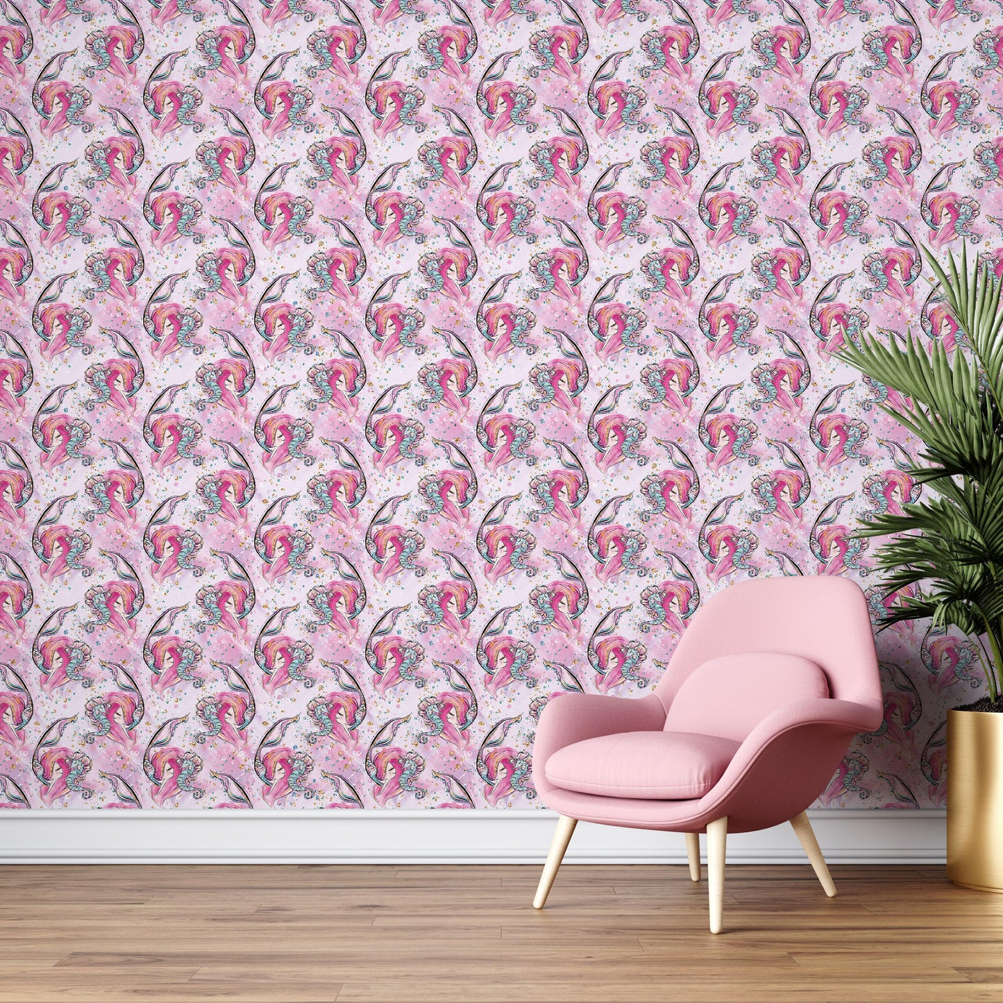 Pink Mermaid Wall Mural. Magical Cute Mermaid and Seahorse in Ocean Peel and Stick Wallpaper. #6371