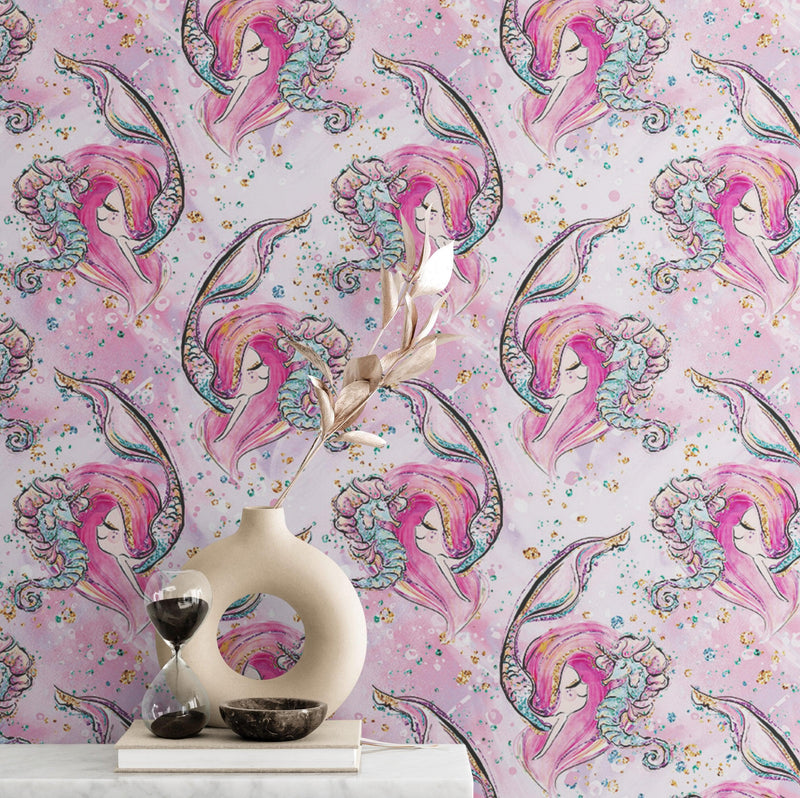 Pink Mermaid Wall Mural. Magical Cute Mermaid and Seahorse in Ocean Peel and Stick, view 2