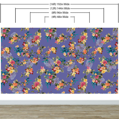 Tropical Flower Wall Mural. Paradise Botanical Flowers and Leave Purple Very Peri Color Background. #6376