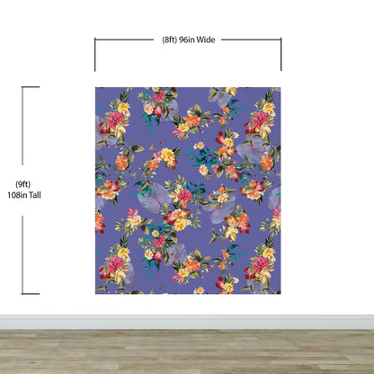 Tropical Flower Wall Mural. Paradise Botanical Flowers and Leave Purple Very Peri Color Background. #6376