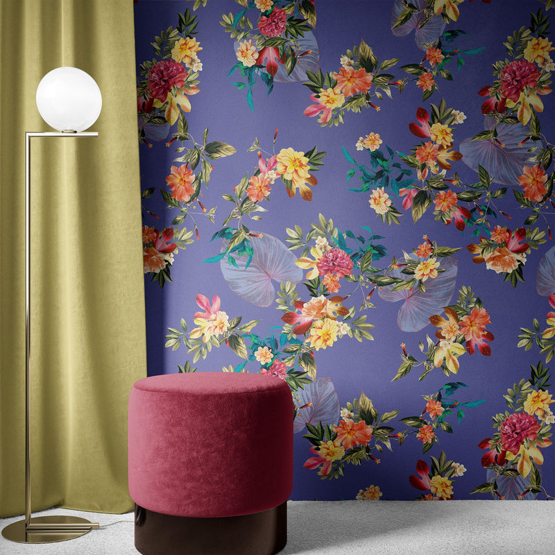 Tropical Flower Wall Mural. Paradise Botanical Flowers and Leave Purple Very Peri Color, view 2
