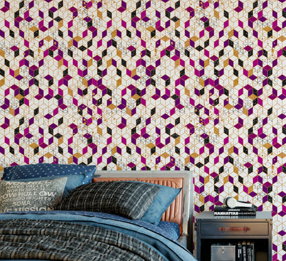 Abstract 3D Cube Shape Wall Mural. Geometric Cube Minimalistic Purple and Gold Peel and Stick Wallpaper. #6380