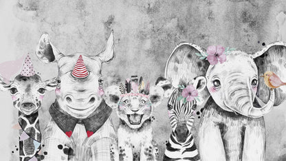 Safari Baby Animals Wall Mural. Baby Elephant, Giraffe, Rhino, Lion and Zebra Peel and Stick Wallpaper. #6383