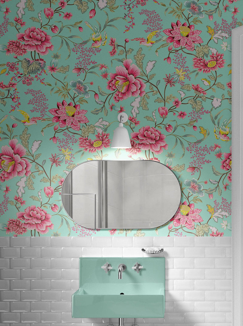 Mint Color Flower Pattern Wall Mural. Tropical Botanical Floral Peel and Stick Wallpaper., view 2
