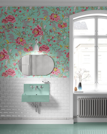 Mint Color Flower Pattern Wall Mural. Tropical Botanical Floral Peel and Stick Wallpaper. #6387
