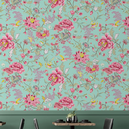 Mint Color Flower Pattern Wall Mural. Tropical Botanical Floral Peel and Stick Wallpaper. #6387