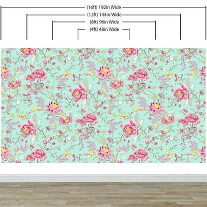 Mint Color Flower Pattern Wall Mural. Tropical Botanical Floral Peel and Stick Wallpaper. #6387