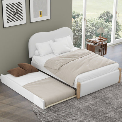 Upholstered Platform Bed With Wood Supporting Feet And Trundle