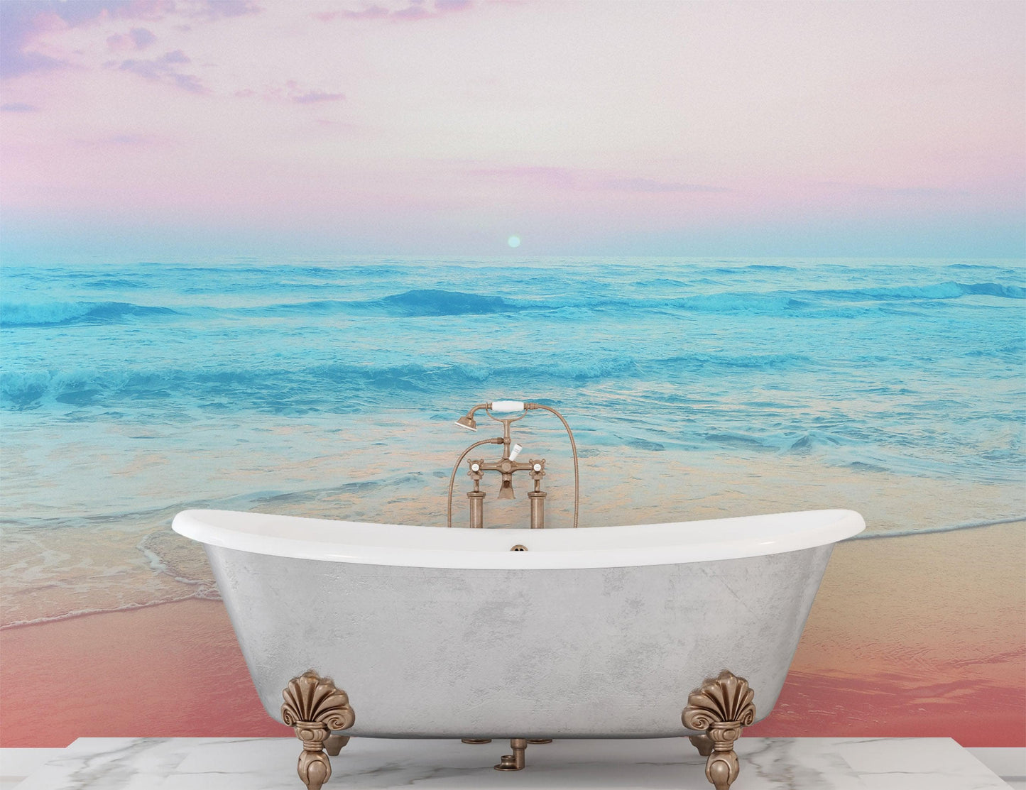 Pastel Color Sunset over the Ocean Horizon Wall Mural. Beach Theme Peel and Stick Wallpaper. #6400