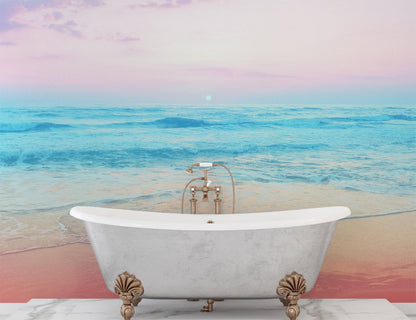 Pastel Color Sunset over the Ocean Horizon Wall Mural. Beach Theme Peel and Stick Wallpaper. #6400