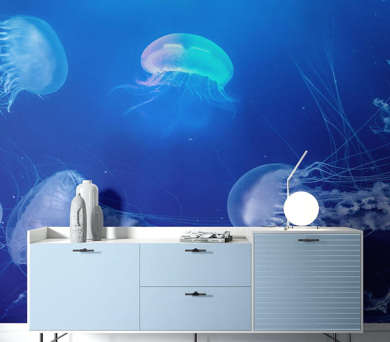 Jellyfish Floating Underwater Wall Mural. Deep Blue Ocean Peel and Stick Wallpaper. #6405, view 2