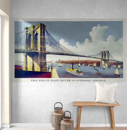 Vintage Brooklyn Bridge Illustration Wallpaper Mural - The Great East River Suspension Bridge. #6408