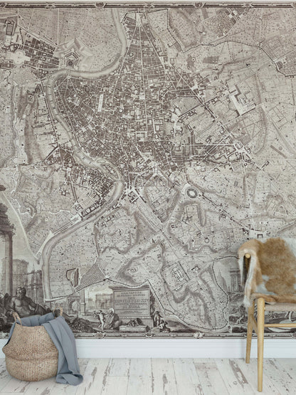 Vintage Old Map of Rome Italy Wall Mural. The Large Plan of Rome Peel and Stick Wallpaper. #6412