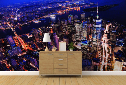 New York City Cyber Punk Synth Wave Wall Mural. 80’s Synth Wave Pop Style Bright Color Wallpaper. #6414