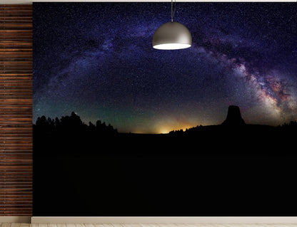 Milky Way Galaxy Stars Wall Mural. Starry Night Over Devils Tower National Monument Park. #6416