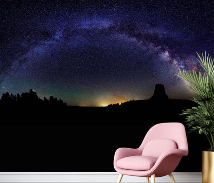 Milky Way Galaxy Stars Wall Mural. Starry Night Over Devils Tower National Monument Park. #6416