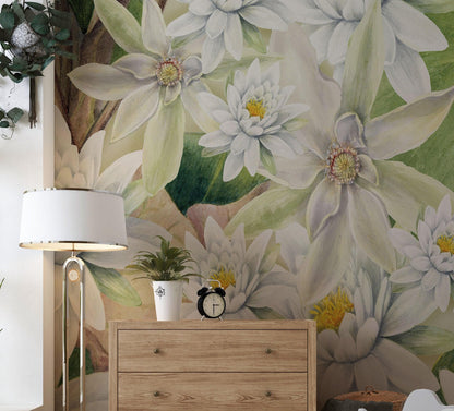 Botanical Flower Wall Mural. Color Pencil Artwork of Flower Garden Peel and Stick Wallpaper. Paradise Botanical Flowers and Leave Black Background. #6426