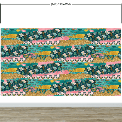 Pink Butterflies Abstract Pattern Wall Mural. Retro Pink Color Illustration Design. #6434