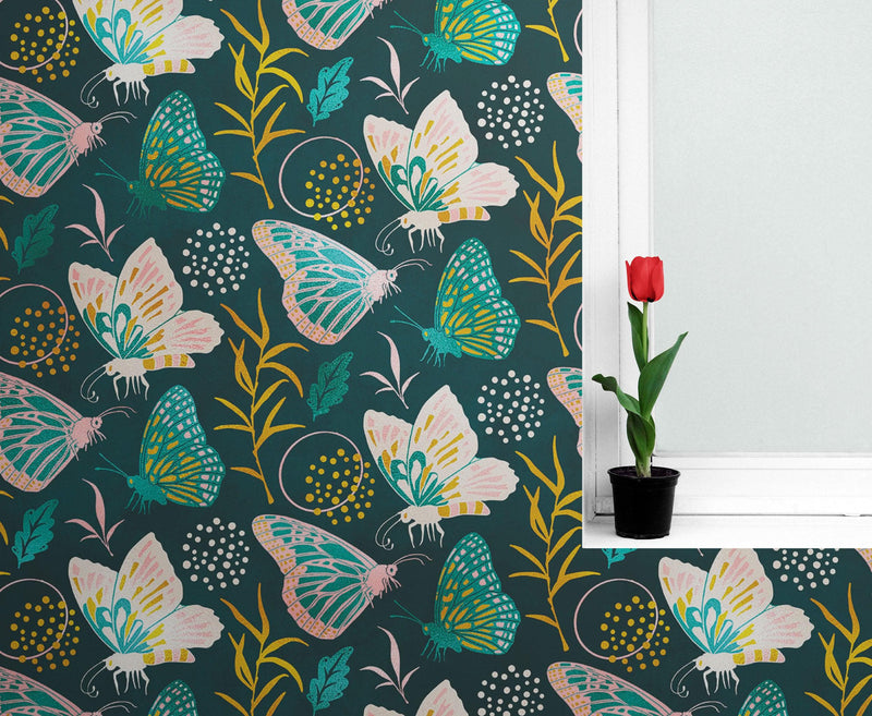 Butterfly Pattern Wall Mural. Retro Green and Gold Color Illustration Design. Bedroom, view 2