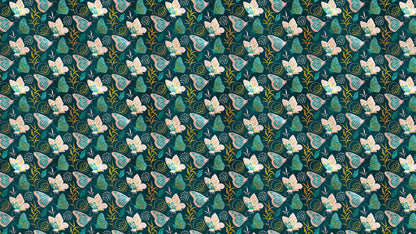 Butterfly Pattern Wall Mural. Retro Green and Gold Color Illustration Design. Bedroom, Nursery, Home Decor. #6435