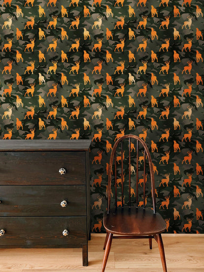 Deer Silhouette Camouflage Wall Mural. Military Theme / Hunter Home Decor. Peel and Stick Wallpaper. #6436
