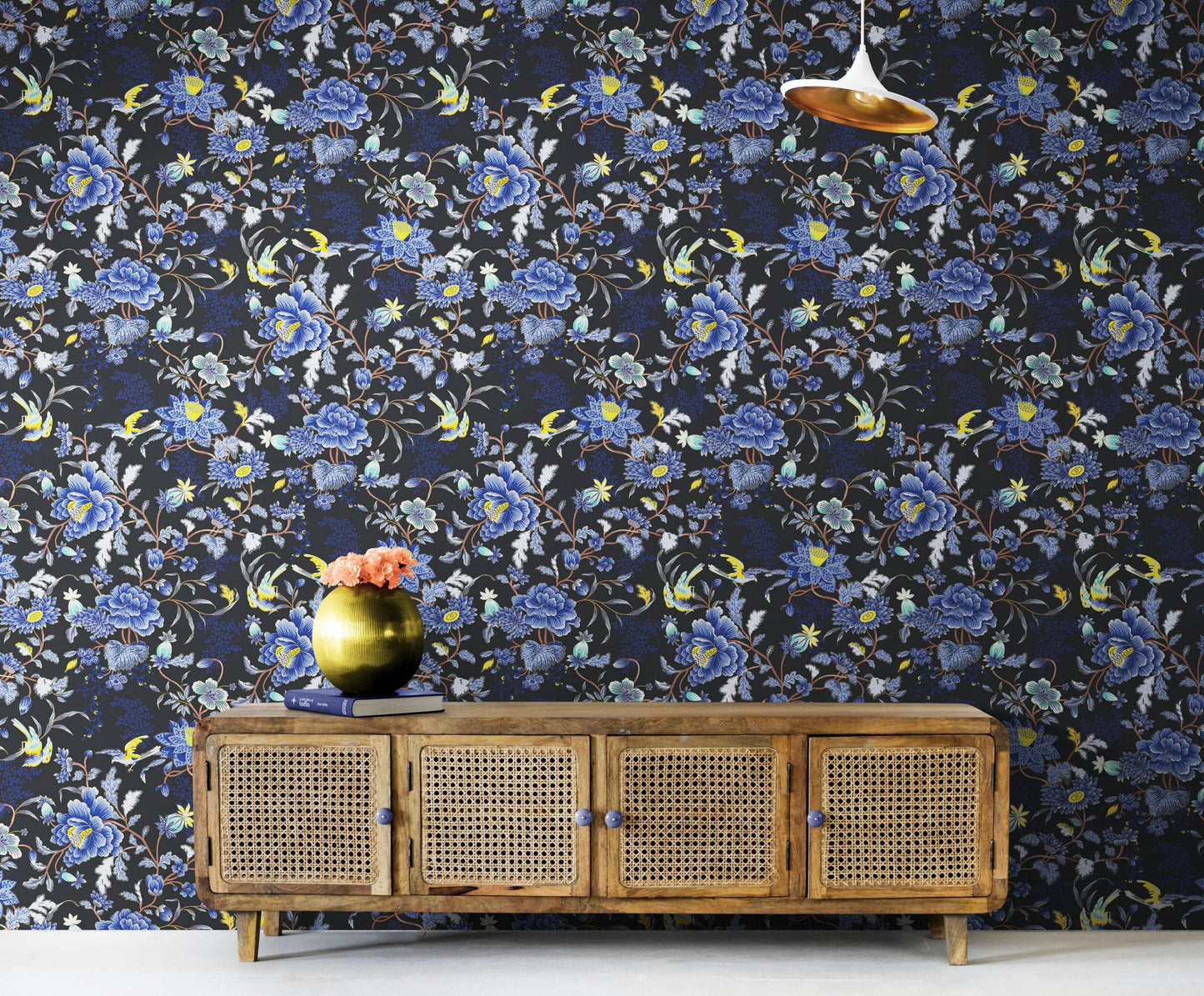 Blue and Black Color Flower Pattern Wall Mural. Tropical Botanical Floral Peel and Stick Wallpaper. #6437
