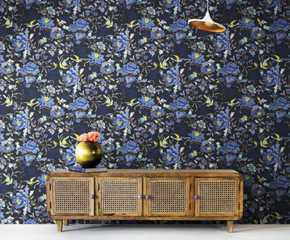 Blue and Black Color Flower Pattern Wall Mural. Tropical Botanical Floral Peel and Stick Wallpaper. #6437