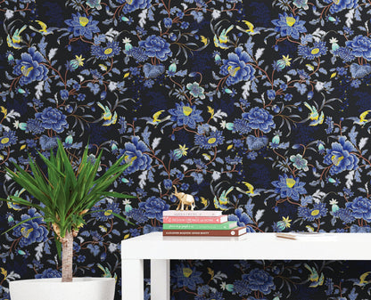 Blue and Black Color Flower Pattern Wall Mural. Tropical Botanical Floral Peel and Stick Wallpaper. #6437