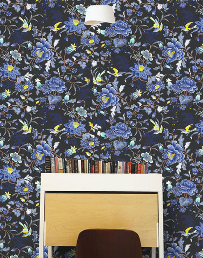 Blue and Black Color Flower Pattern Wall Mural. Tropical Botanical Floral Peel and Stick Wallpaper. #6437