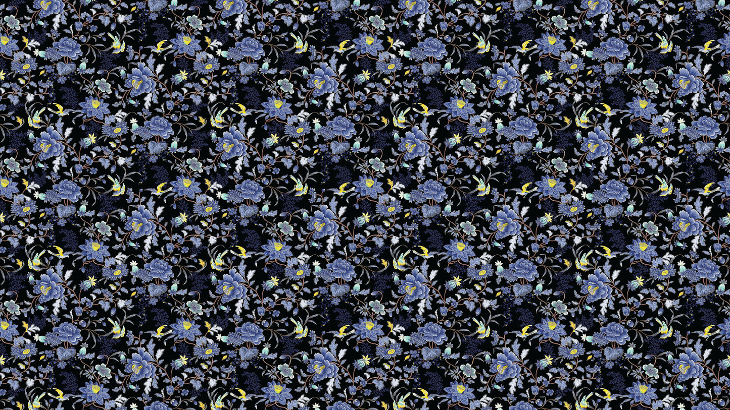 Blue and Black Color Flower Pattern Wall Mural. Tropical Botanical Floral Peel and Stick Wallpaper. #6437