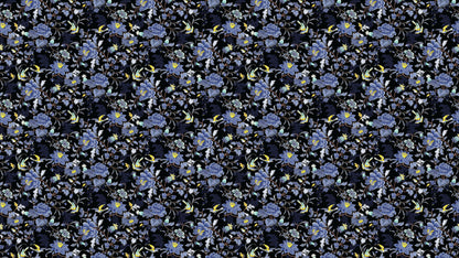 Blue and Black Color Flower Pattern Wall Mural. Tropical Botanical Floral Peel and Stick Wallpaper. #6437