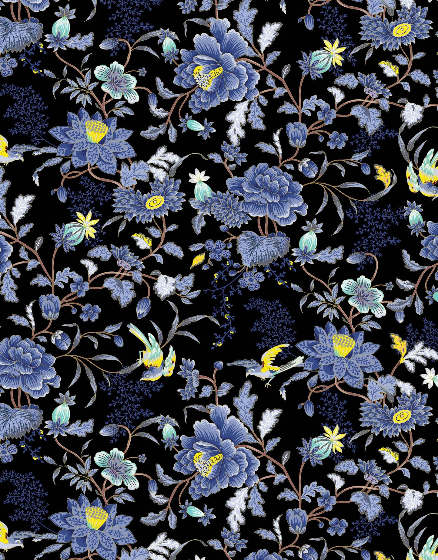 Blue and Black Color Flower Pattern Wall Mural. Tropical Botanical Floral Peel and Stick Wallpaper. #6437
