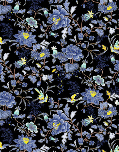 Blue and Black Color Flower Pattern Wall Mural. Tropical Botanical Floral Peel and Stick Wallpaper. #6437