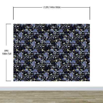 Blue and Black Color Flower Pattern Wall Mural. Tropical Botanical Floral Peel and Stick Wallpaper. #6437